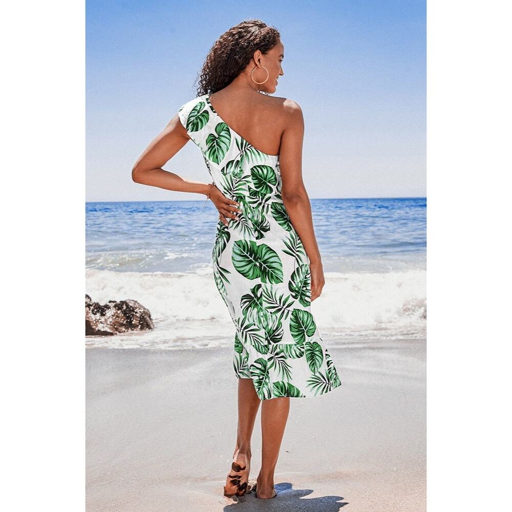 Cupshe Tropical One Shoulder Cotton Ruffle Leaf Print Midi Coverup Dress XS - Picture 2 of 7